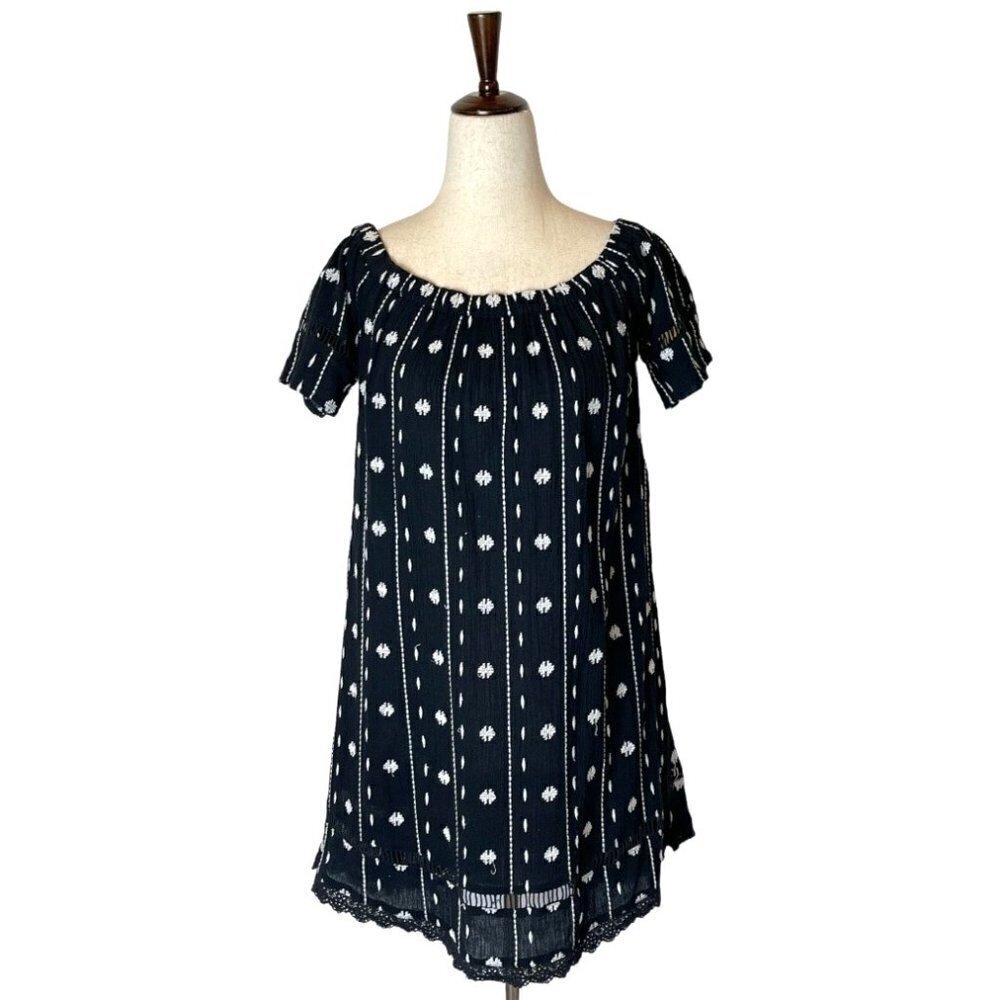 Topshop Black And‎ White Embroidered Off The Shoulder Flowy Tunic Mini Dress 2 - Picture 2 of 10